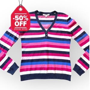 Laura Ashley Knit Sweater Long Sleeve Striped 1/4 Button Vintage Cotton Sweater